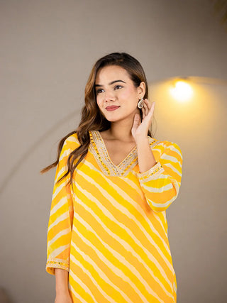 Yellow Poly Georgette Striped Leheriya Print A Line Kurta