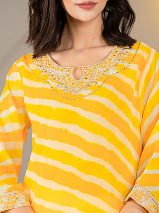 Yellow Poly Georgette Striped Leheriya Print A Line Kurta