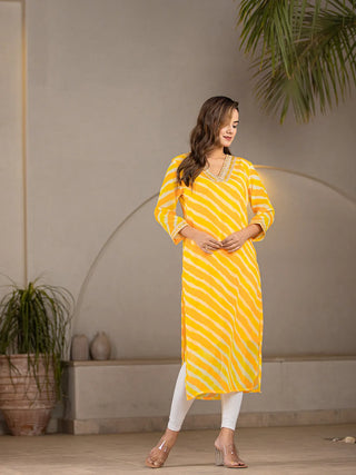 Yellow Poly Georgette Striped Leheriya Print A Line Kurta