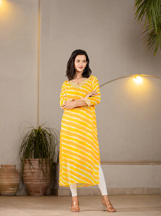 Yellow Poly Georgette Striped Leheriya Print A Line Kurta