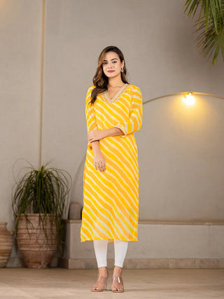 Yellow Poly Georgette Striped Leheriya Print A Line Kurta