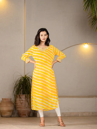 Yellow Poly Georgette Striped Leheriya Print A Line Kurta