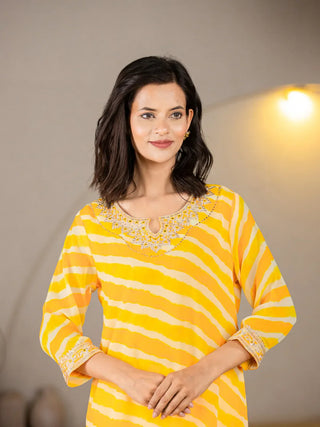 Yellow Poly Georgette Striped Leheriya Print A Line Kurta