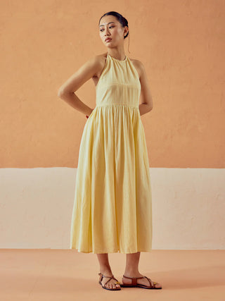 Solid Butter Yellow Lenin Midi Dress