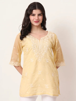 Yellow Organza Thread Work Embroidered Short Kurta