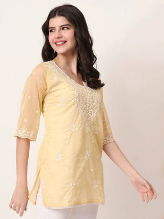 Yellow Organza Thread Work Embroidered Short Kurta