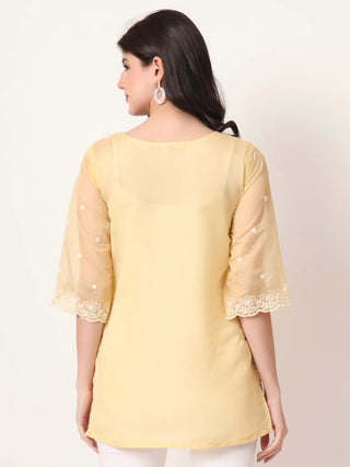Yellow Organza Thread Work Embroidered Short Kurta