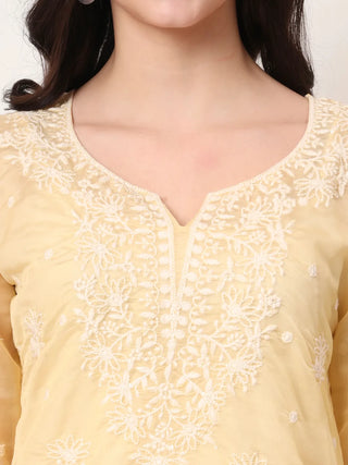 Yellow Organza Thread Work Embroidered Short Kurta