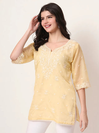 Yellow Organza Thread Work Embroidered Short Kurta