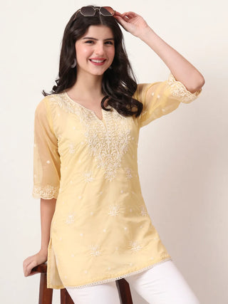 Yellow Organza Thread Work Embroidered Short Kurta