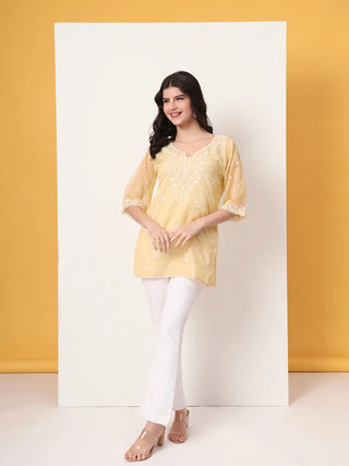 Yellow Organza Thread Work Embroidered Short Kurta