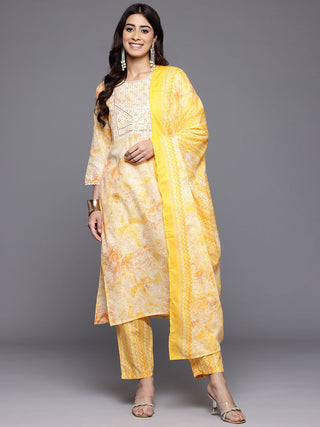 Yellow Cotton Blend Floral Print & Embroidered Suit Set with Dupatta