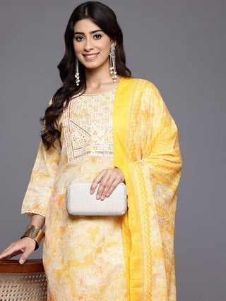 Yellow Cotton Blend Floral Print & Embroidered Suit Set with Dupatta