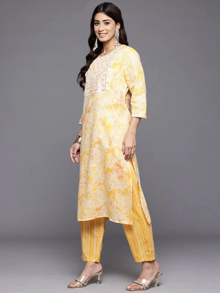 Yellow Cotton Blend Floral Print & Embroidered Suit Set with Dupatta