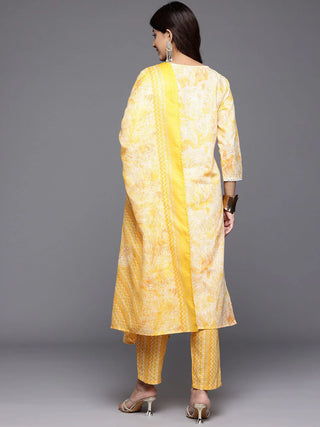 Yellow Cotton Blend Floral Print & Embroidered Suit Set with Dupatta