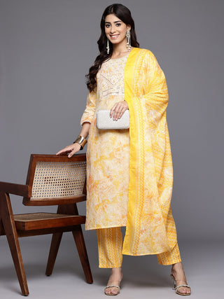 Yellow Cotton Blend Floral Print & Embroidered Suit Set with Dupatta