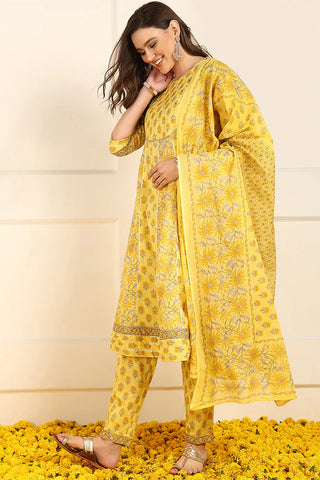 Yellow Cotton Floral Print & Embroidered Anarkali Suit Set with Dupatta