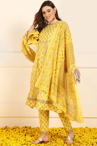 Yellow Cotton Floral Print & Embroidered Anarkali Suit Set with Dupatta