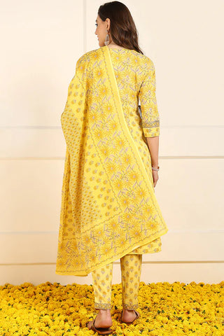 Yellow Cotton Floral Print & Embroidered Anarkali Suit Set with Dupatta