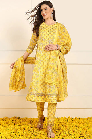 Yellow Cotton Floral Print & Embroidered Anarkali Suit Set with Dupatta