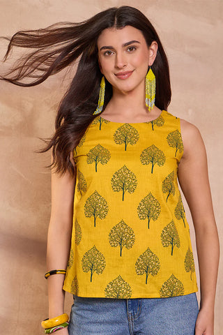 Yellow Cotton Blend Regular Style Floral Print Kurta