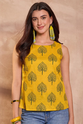 Yellow Cotton Blend Regular Style Floral Print Kurta