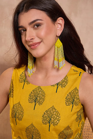 Yellow Cotton Blend Regular Style Floral Print Kurta