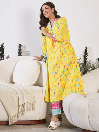 Yellow Pure Cotton Printed Kurta Trouser Set