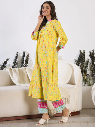 Yellow Pure Cotton Printed Kurta Trouser Set