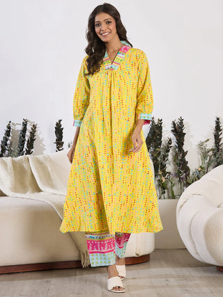 Yellow Pure Cotton Printed Kurta Trouser Set