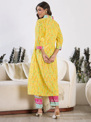 Yellow Pure Cotton Printed Kurta Trouser Set