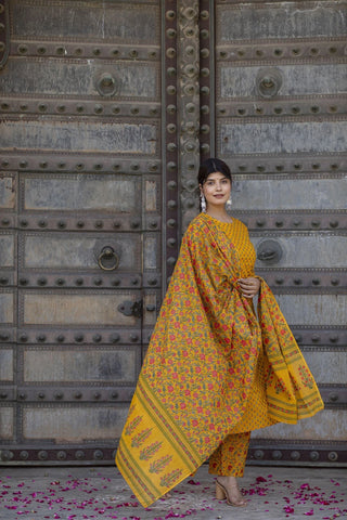 Yellow Pure Cotton Straight Cut Gold Printed Suit Set with Dupatta