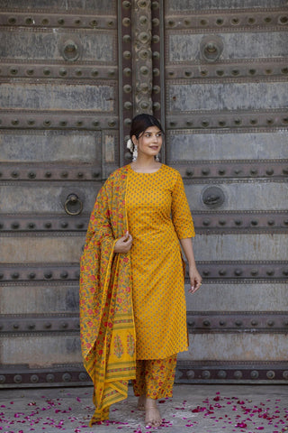 Yellow Pure Cotton Straight Cut Gold Printed Suit Set with Dupatta