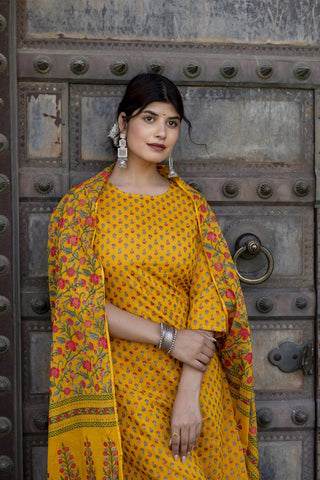 Yellow Pure Cotton Straight Cut Gold Printed Suit Set with Dupatta