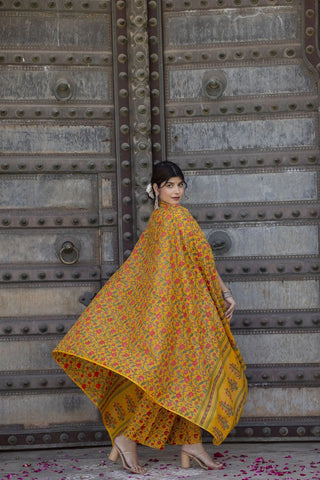 Yellow Pure Cotton Straight Cut Gold Printed Suit Set with Dupatta