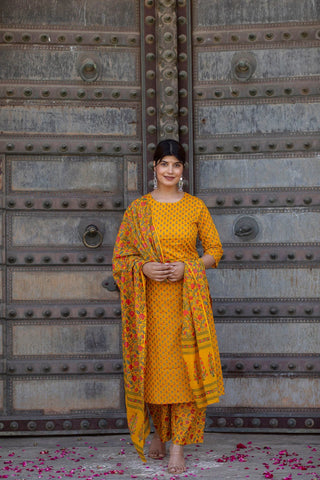 Yellow Pure Cotton Straight Cut Gold Printed Suit Set with Dupatta