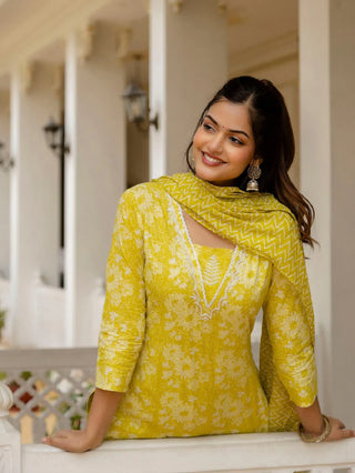 Yellow Viscose Printed & Embroidered Straight Shape Suit Set with Chanderi Cotton Dupatta