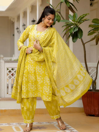 Yellow Viscose Printed & Embroidered Straight Shape Suit Set with Chanderi Cotton Dupatta