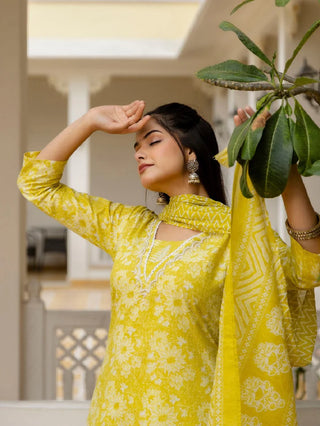 Yellow Viscose Printed & Embroidered Straight Shape Suit Set with Chanderi Cotton Dupatta