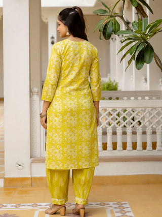 Yellow Viscose Printed & Embroidered Straight Shape Suit Set with Chanderi Cotton Dupatta