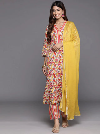 Multi Color Cotton Floral Print & Embroidered Suit Set with Dupatta