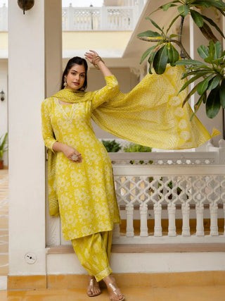 Yellow Viscose Printed & Embroidered Straight Shape Suit Set with Chanderi Cotton Dupatta