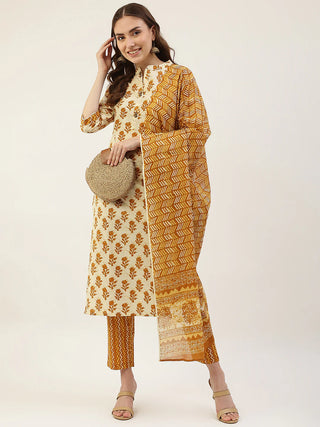 Yellow Cotton Printed Straight Cut Suit Set with Dupatta