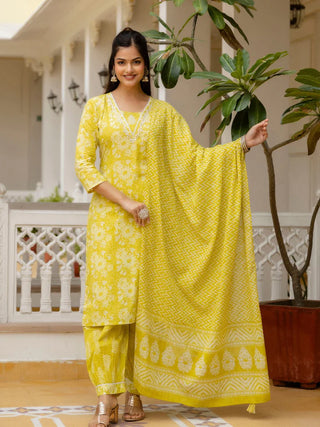 Yellow Viscose Printed & Embroidered Straight Shape Suit Set with Chanderi Cotton Dupatta