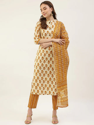 Yellow Cotton Printed Straight Cut Suit Set with Dupatta