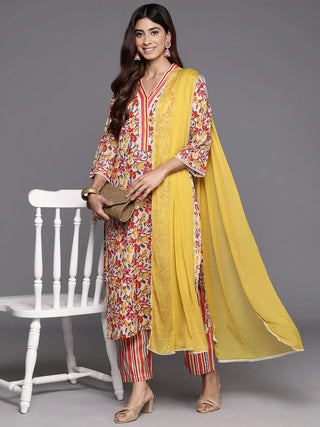 Multi Color Cotton Floral Print & Embroidered Suit Set with Dupatta