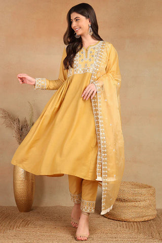 Yellow Silk Blend Embroidered Flared Suit Set with Dupatta