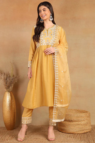 Yellow Silk Blend Embroidered Flared Suit Set with Dupatta