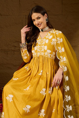 Yellow Silk Blend A Line Floral Embroidered Suit Set with Dupatta