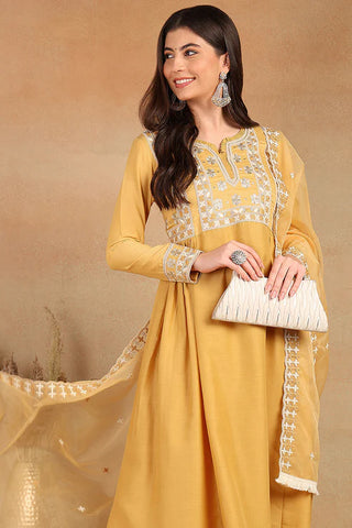 Yellow Silk Blend Embroidered Flared Suit Set with Dupatta